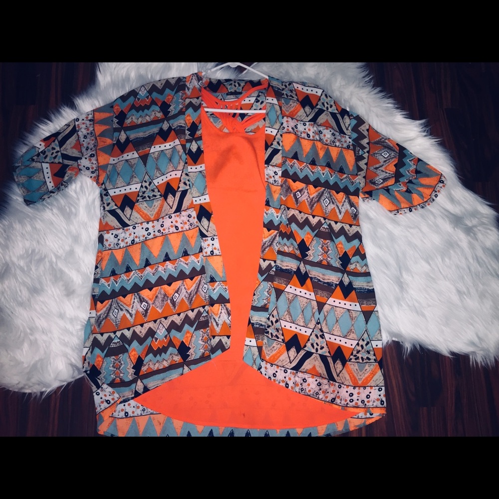 Aztec kimono and neon orange tank set